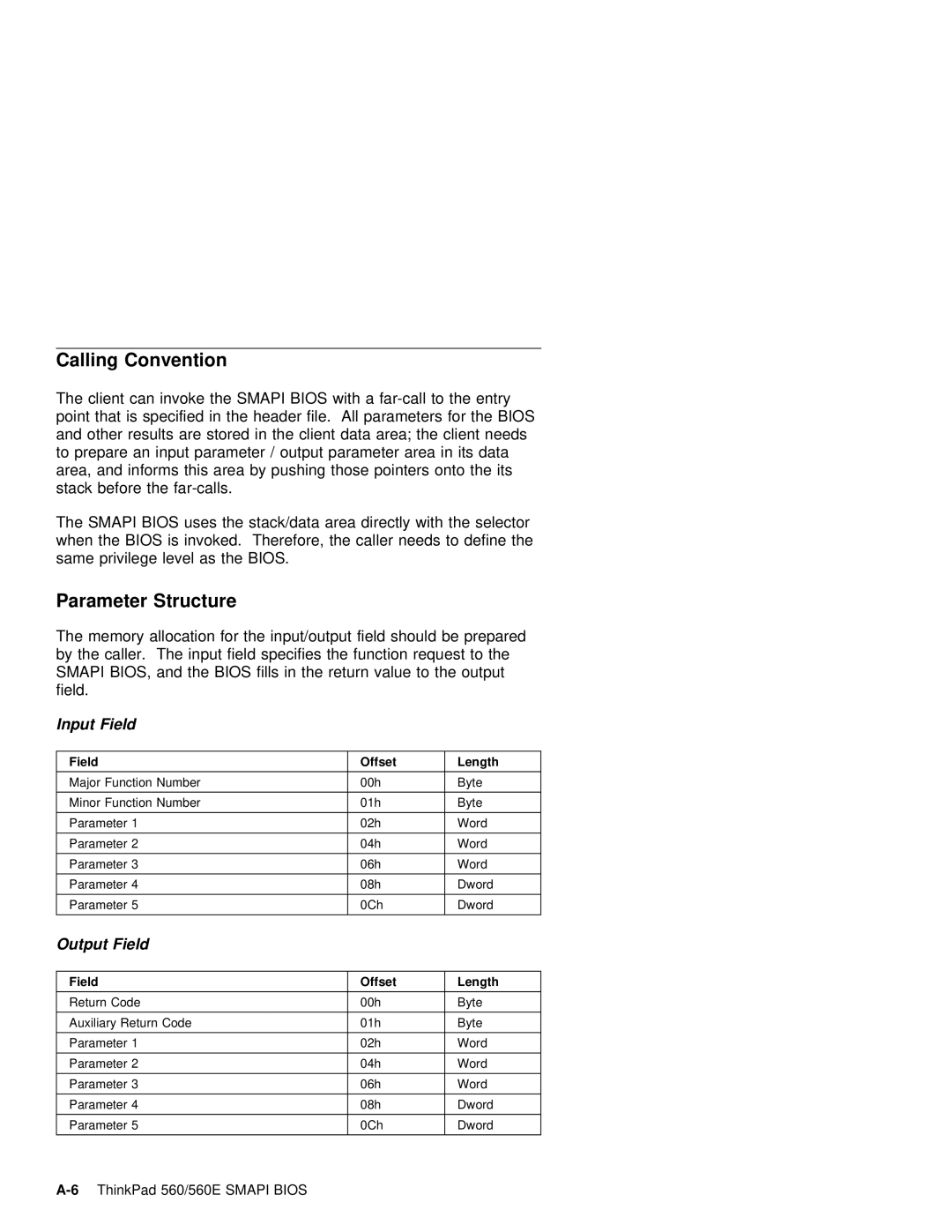 IBM 560E manual Calling Convention, Parameter Structure, Smapi Bios, Input Field 