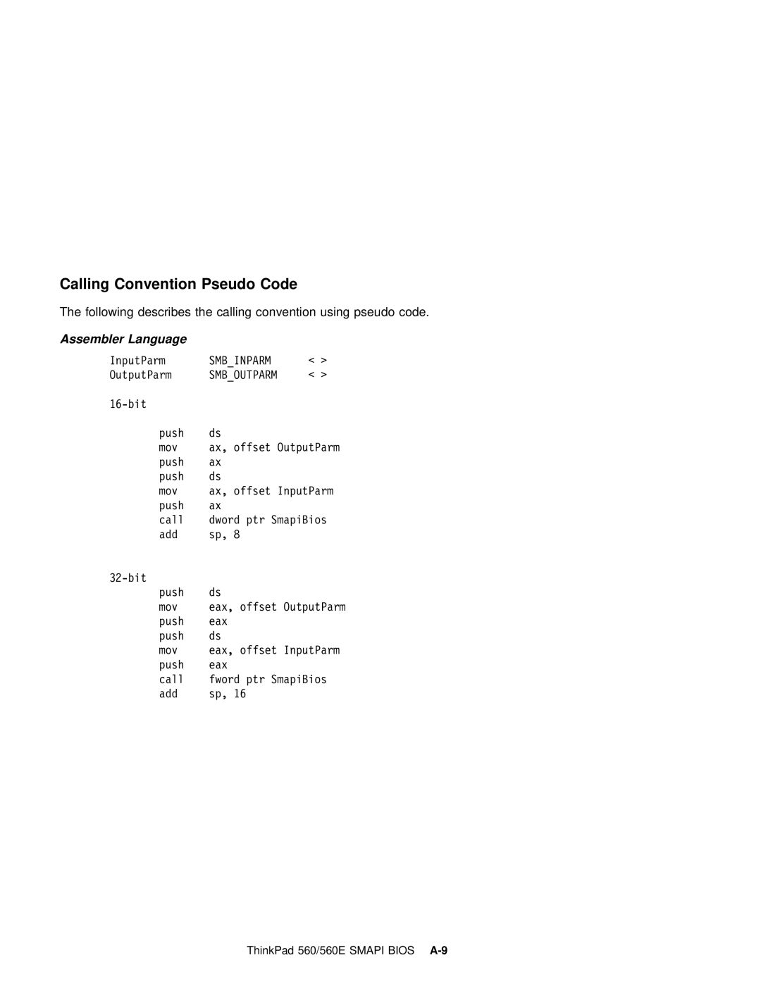 IBM 560E manual Calling Convention Pseudo Code, Assembler Language 