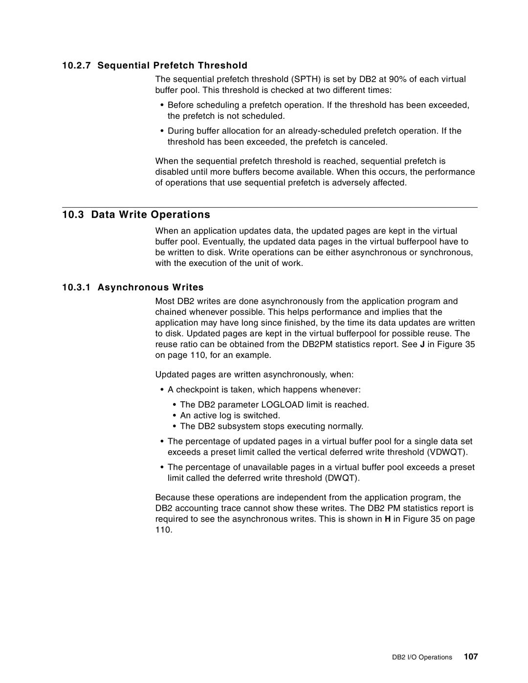 IBM 5695-DF1, 5655-DB2 manual Data Write Operations, Sequential Prefetch Threshold, Asynchronous Writes 