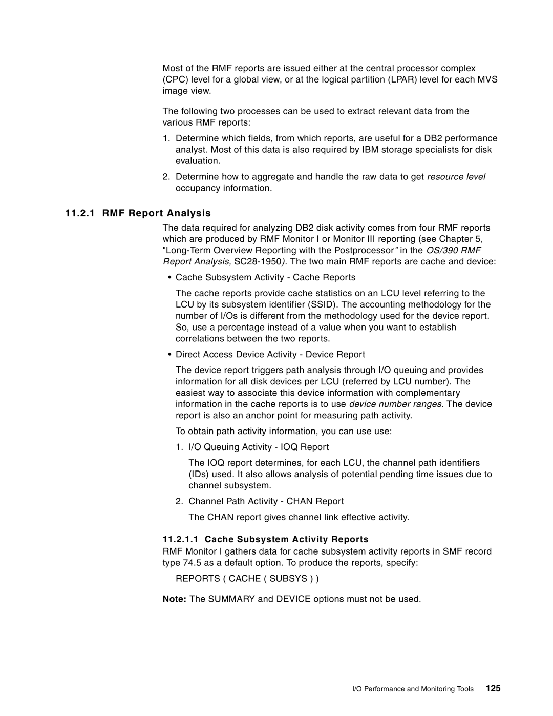 IBM 5695-DF1, 5655-DB2 manual RMF Report Analysis, Cache Subsystem Activity Reports, Reports Cache Subsys, 125 