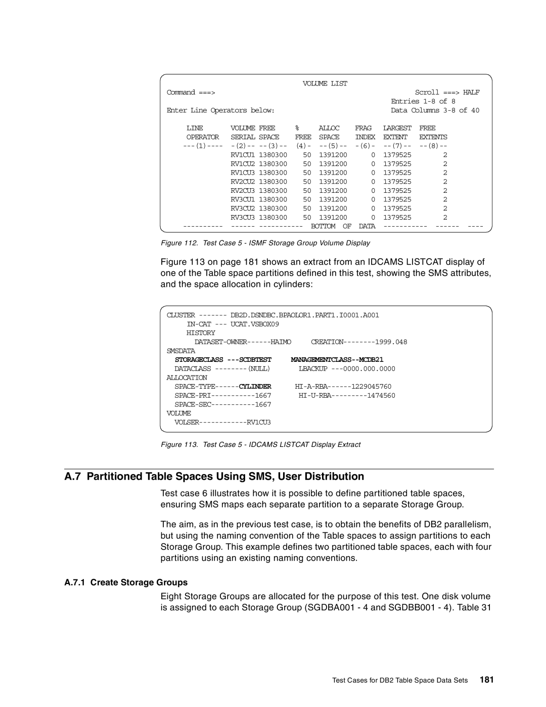 IBM 5695-DF1 Partitioned Table Spaces Using SMS, User Distribution, Create Storage Groups, Line Volume Free Alloc Frag 