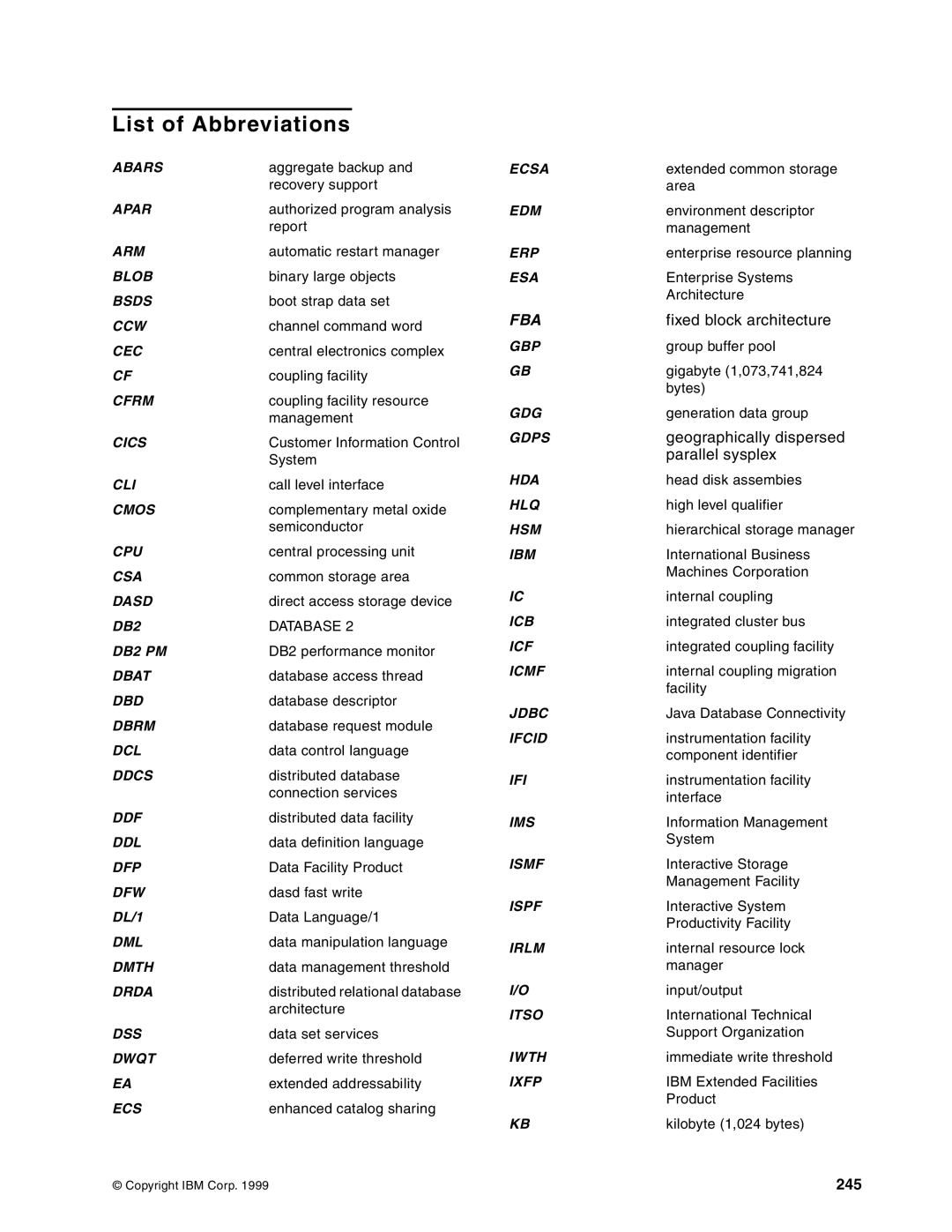 IBM 5695-DF1, 5655-DB2 manual List of Abbreviations, 245 