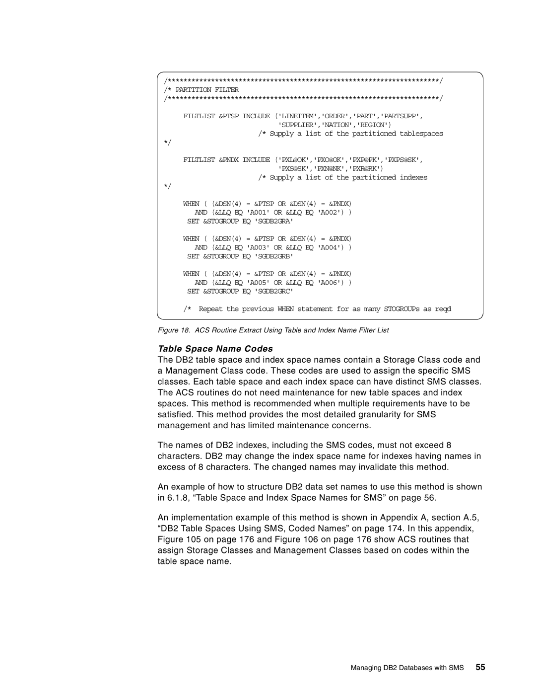 IBM 5695-DF1 manual Table Space Name Codes, SET &STOGROUP EQ SGDB2GRA, SET &STOGROUP EQ SGDB2GRB, SET &STOGROUP EQ SGDB2GRC 