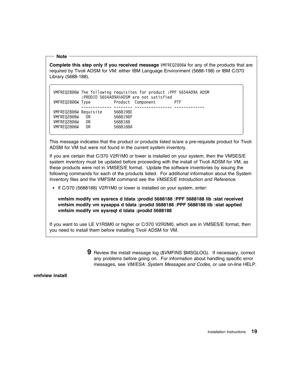 IBM 5697-VM3 manual Vmfview install 