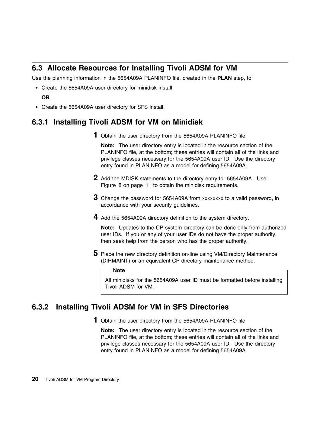 IBM 5697-VM3 manual Allocate Resources for Installing Tivoli Adsm for VM, Installing Tivoli Adsm for VM on Minidisk 