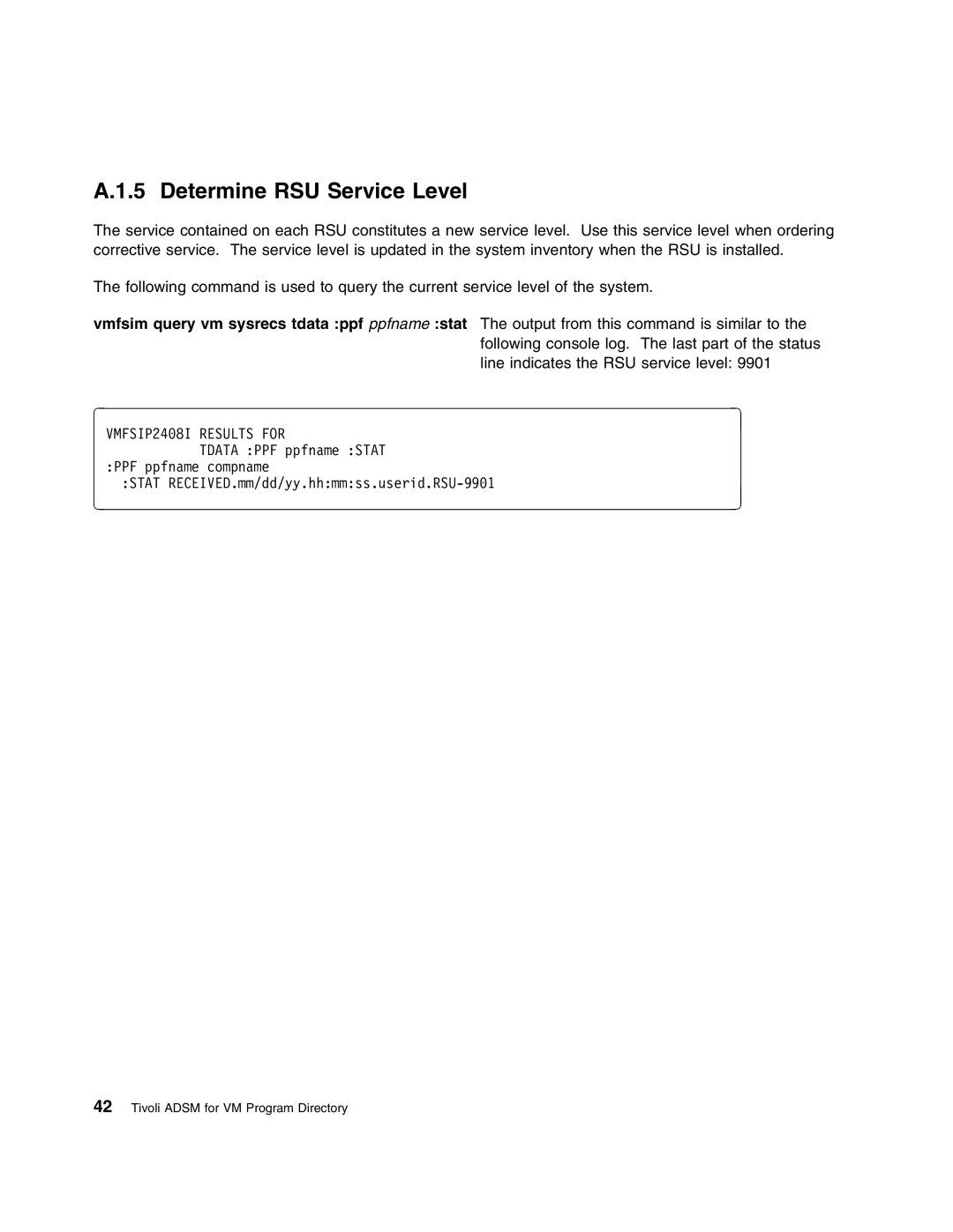 IBM 5697-VM3 manual Determine RSU Service Level, VMFSIP24 