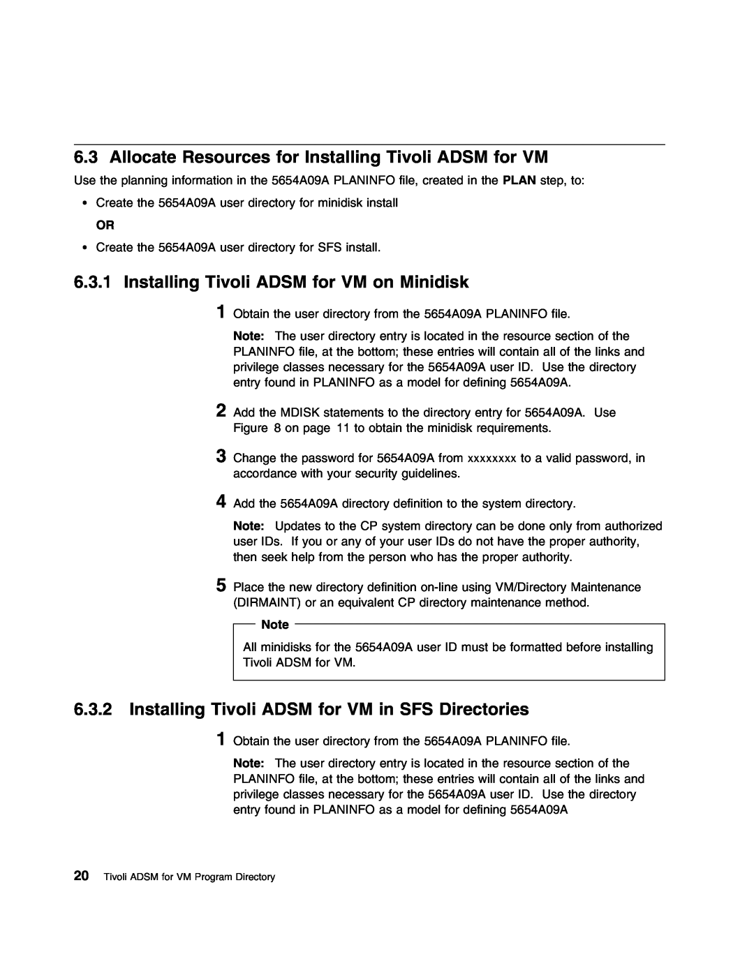 IBM 5697-VM3 manual Allocate Resources for Installing Tivoli ADSM for VM, Installing Tivoli ADSM for VM on Minidisk 
