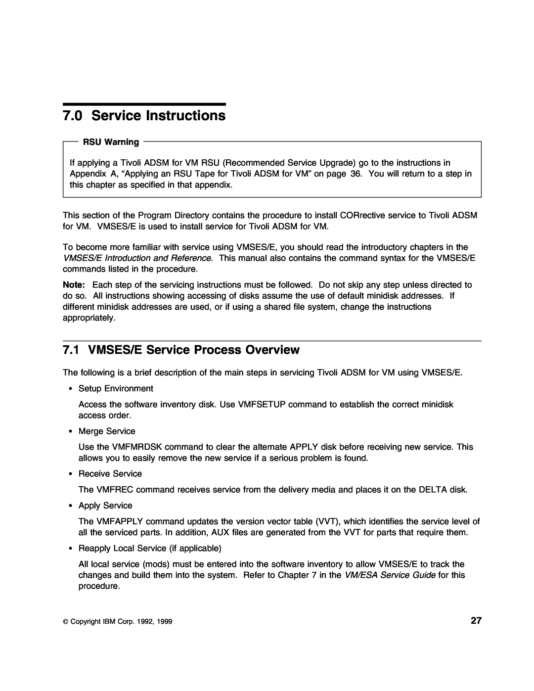 IBM 5697-VM3 manual Service Instructions, VMSES/E Service Process Overview, RSU Warning 