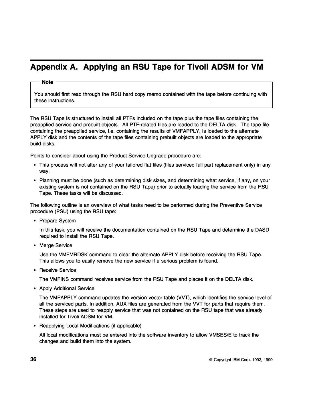 IBM 5697-VM3 manual Appendix A. Applying an RSU Tape for Tivoli ADSM for VM 