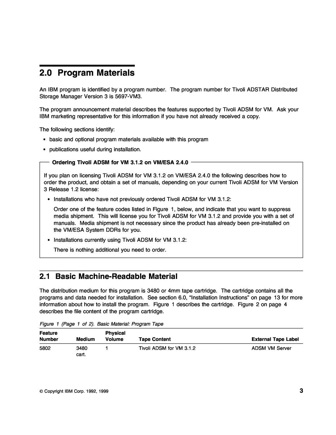 IBM 5697-VM3 manual Program Materials, Basic Machine-Readable Material, Ordering Tivoli ADSM for VM 3.1.2 on VM/ESA 