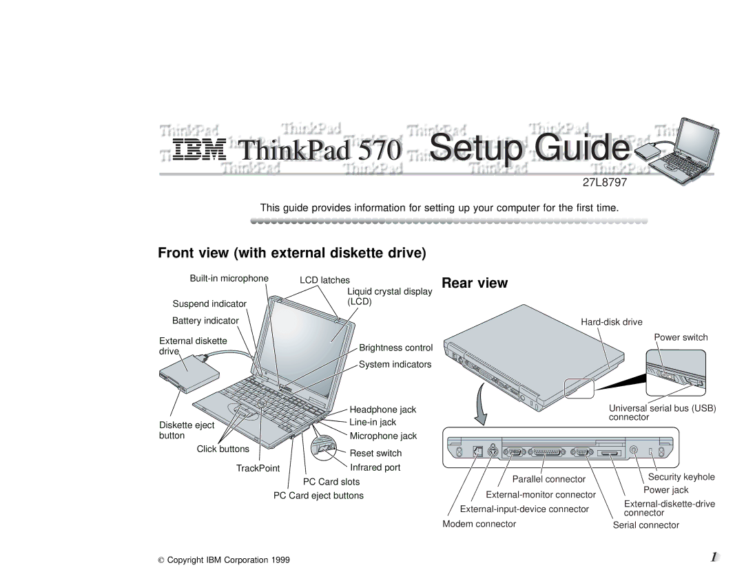 IBM setup guide ThinkPad 570 Setup Guideide, Front view with external diskette drive 