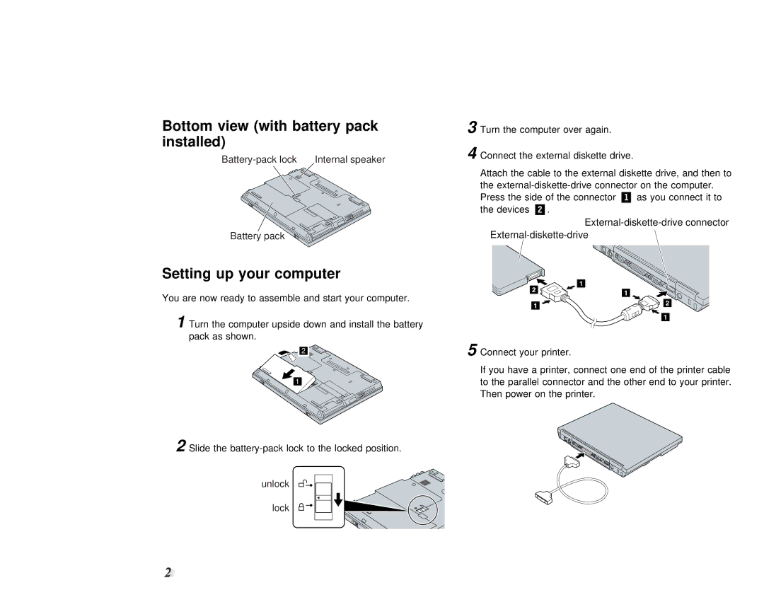 IBM 570 setup guide Bottom view with battery pack installed, Setting Your computer 