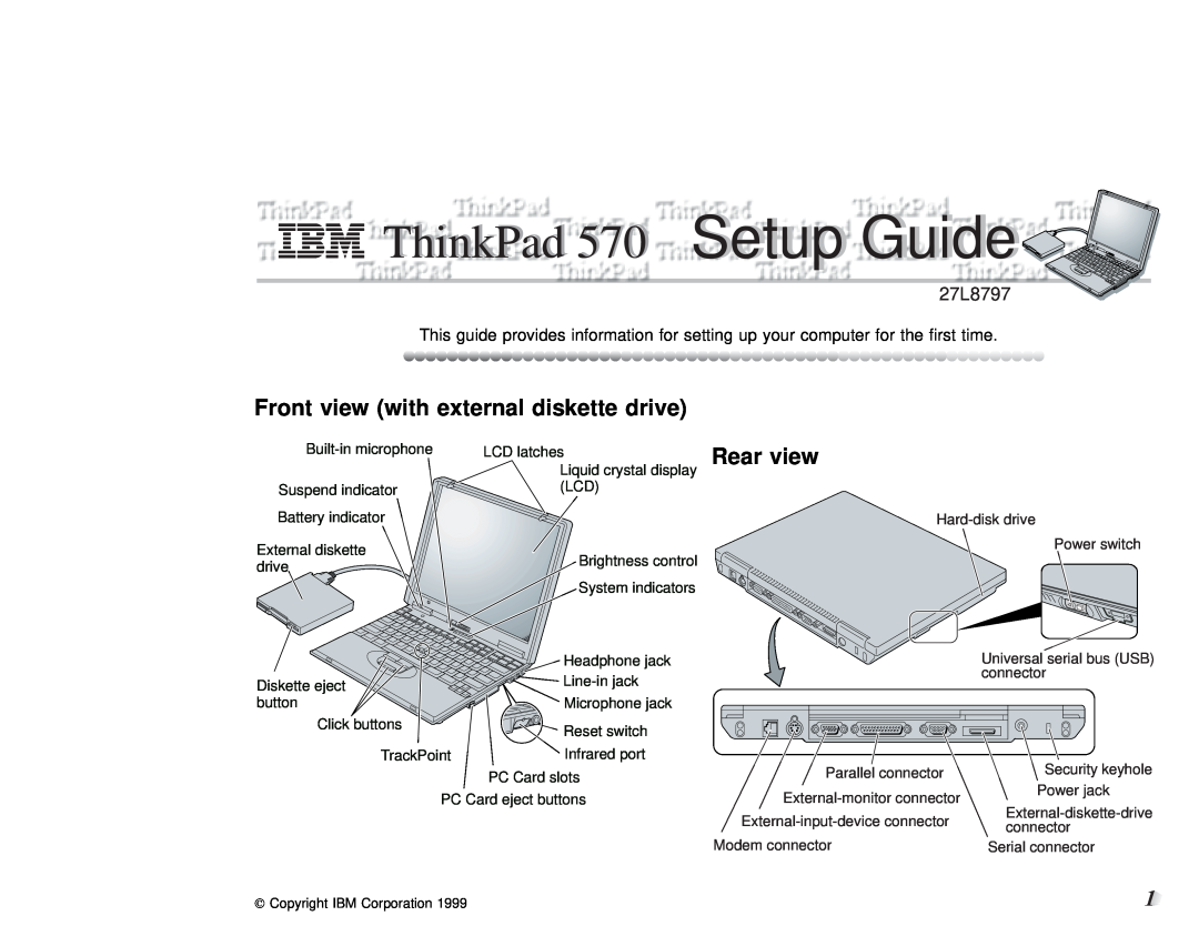 IBM setup guide Front view with external diskette drive, ThinkPad 570 Setup Guideide, 27L8797 