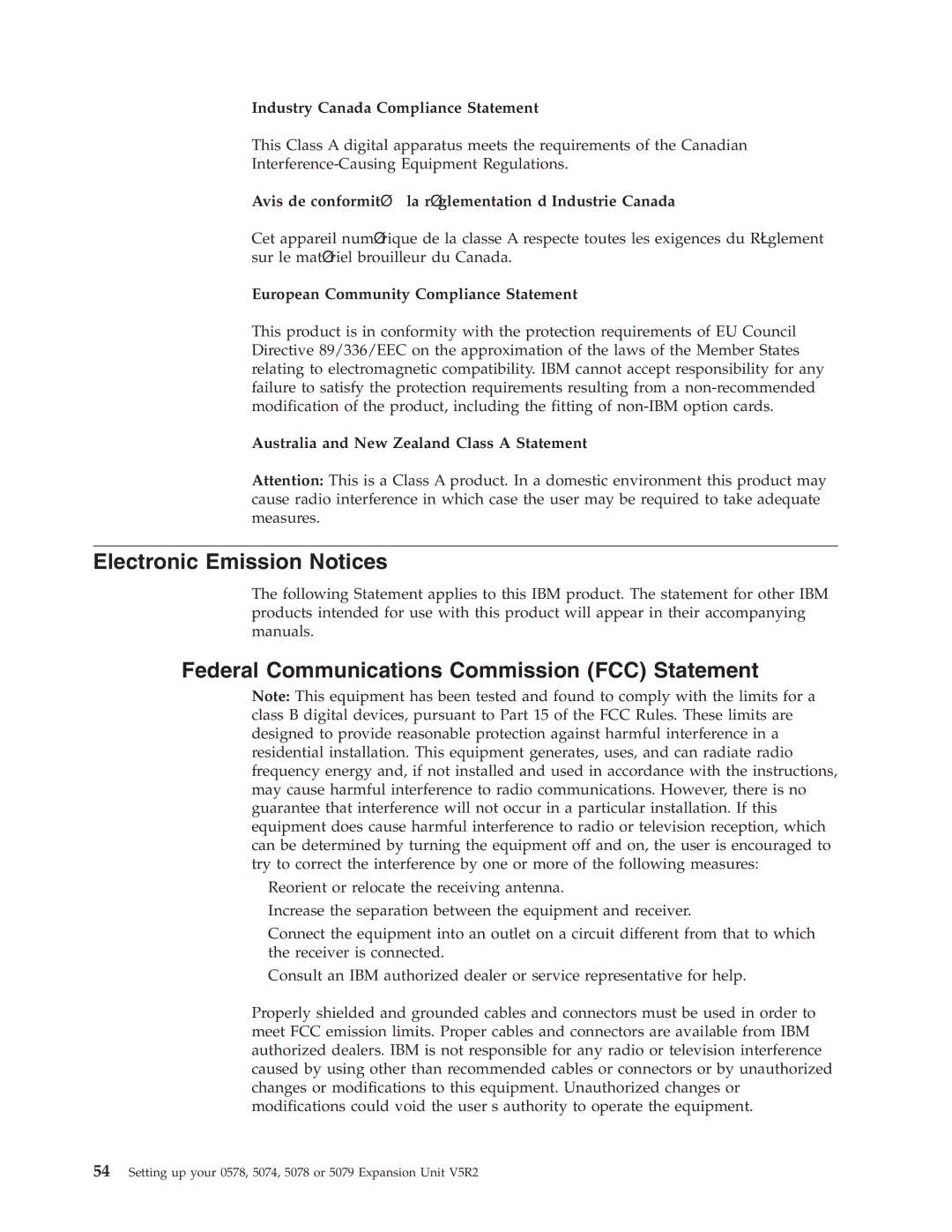 IBM 578, 5078, 5074, 5079 manual Electronic Emission Notices, Industry Canada Compliance Statement 