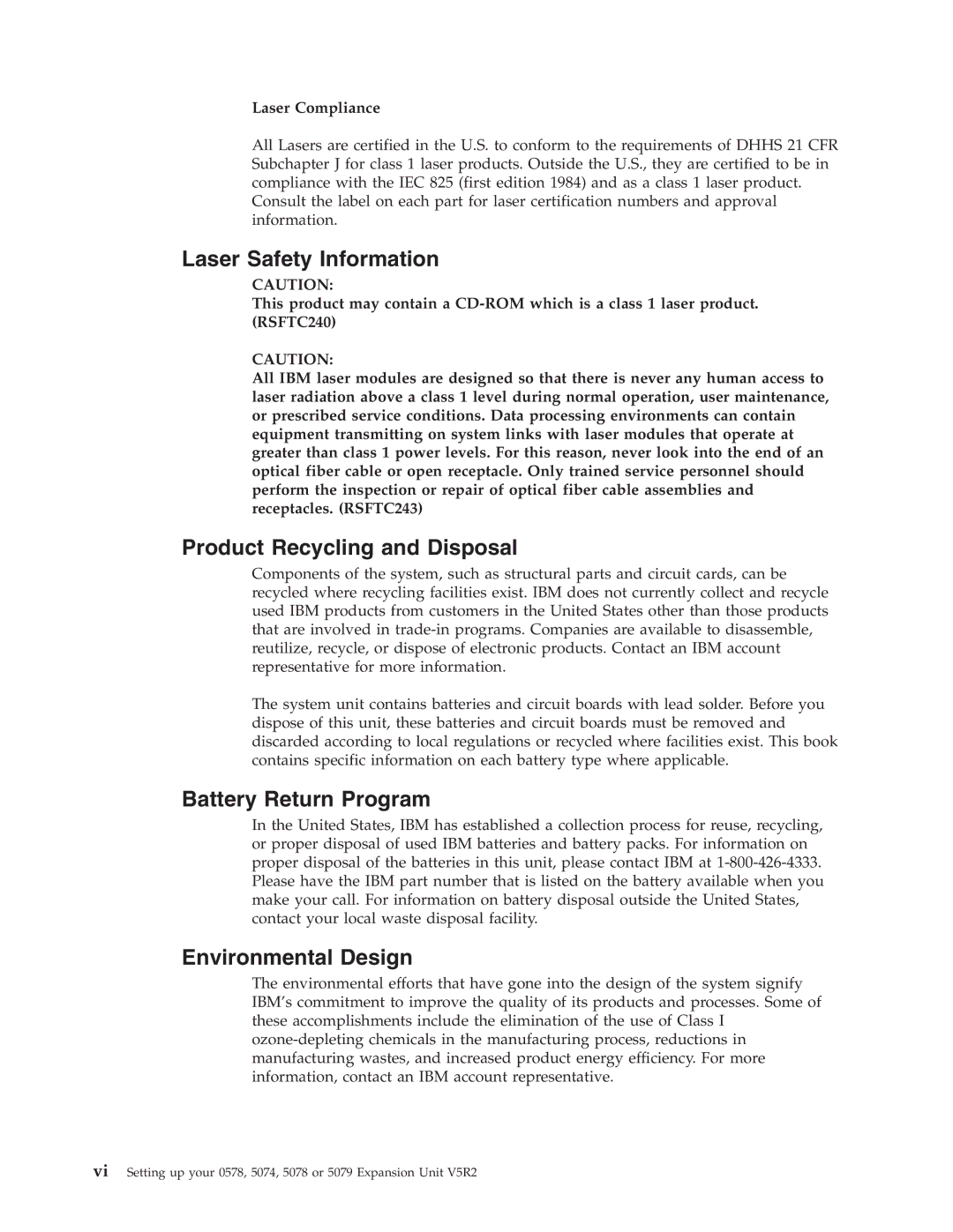 IBM 578, 5078, 5074 Laser Safety Information, Product Recycling and Disposal, Battery Return Program, Environmental Design 