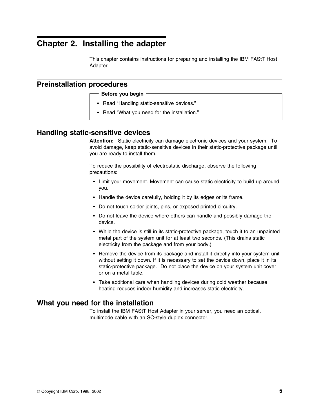 IBM 59P5712 manual Installing the adapter, Preinstallation procedures, Handling static-sensitive devices 