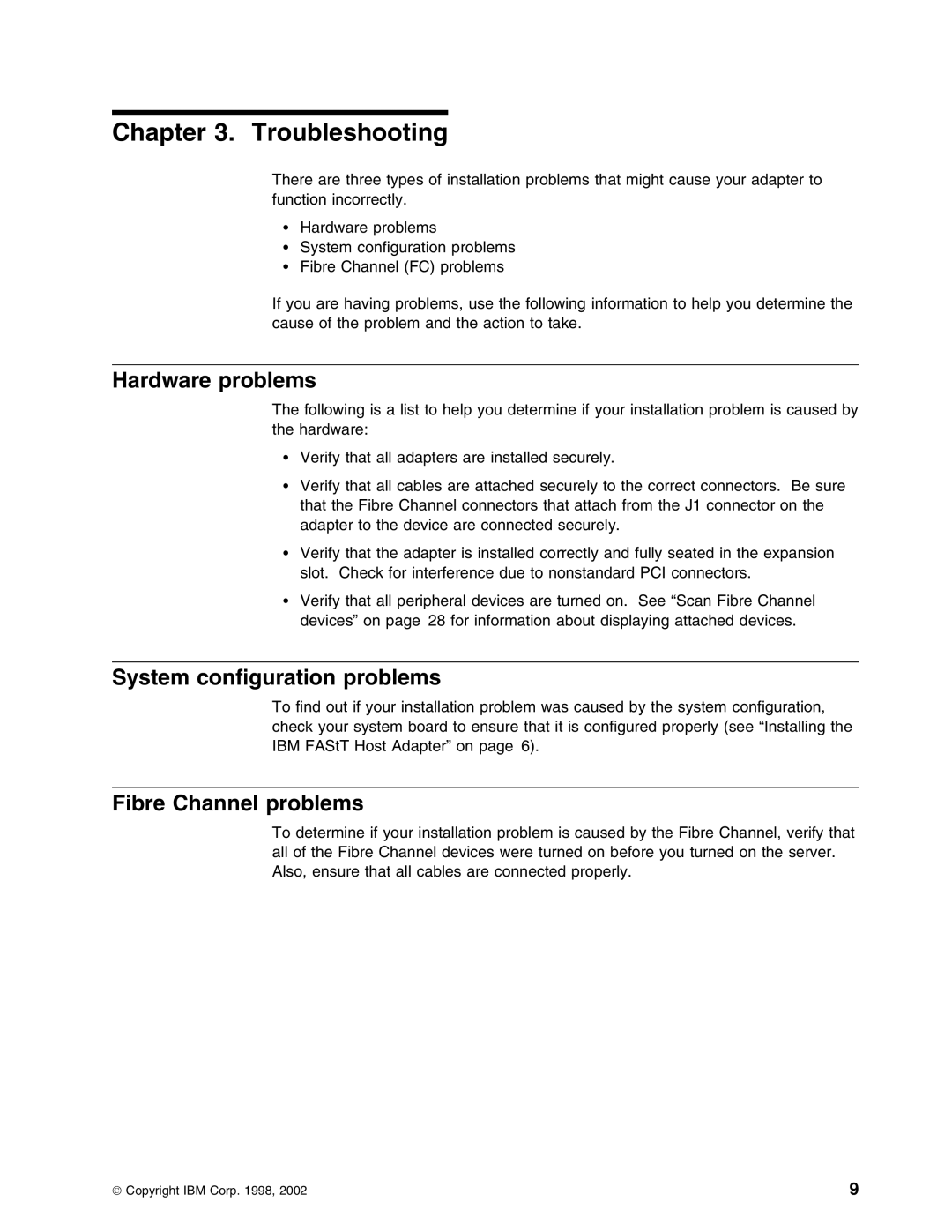 IBM 59P5712 manual Troubleshooting, Hardware problems, System configuration problems, Fibre Channel problems 