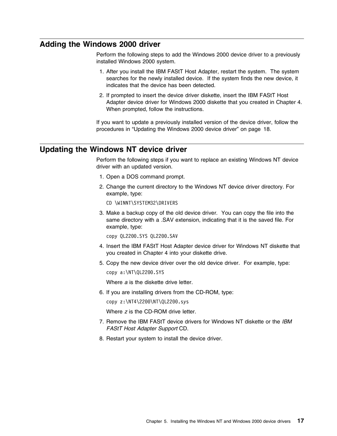 IBM 59P5712 manual Adding the Windows 2000 driver, Updating the Windows NT device driver 