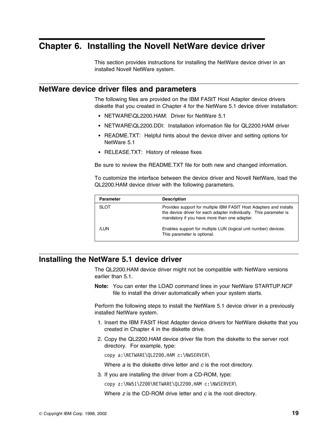 IBM 59P5712 manual Installing the Novell NetWare device driver, NetWare device driver files and parameters 