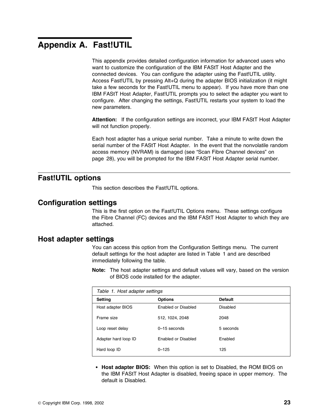 IBM 59P5712 manual Appendix A. Fast!UTIL, Fast!UTIL options, Configuration settings, Host adapter settings 