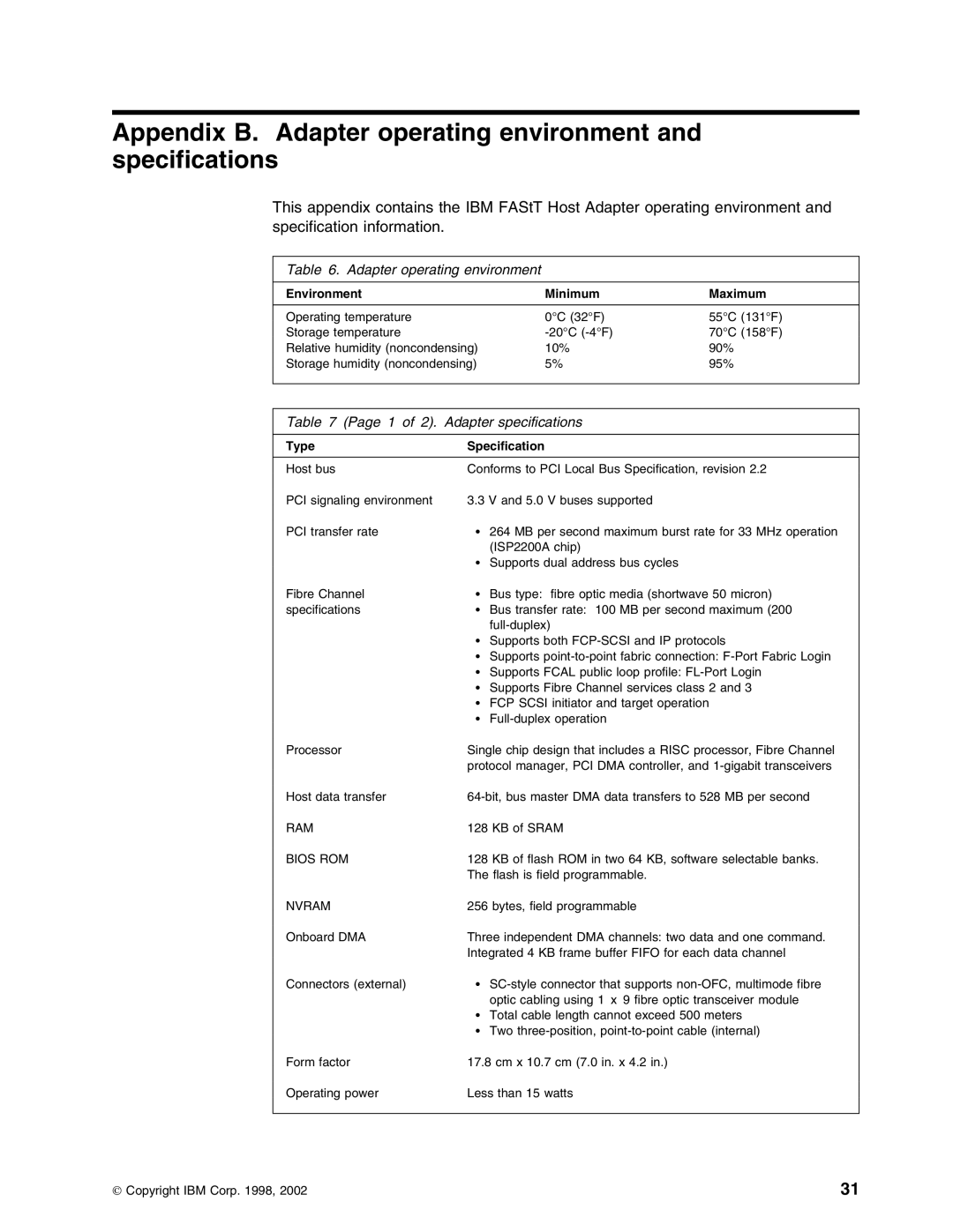 IBM 59P5712 manual Appendix B. Adapter operating environment and specifications 