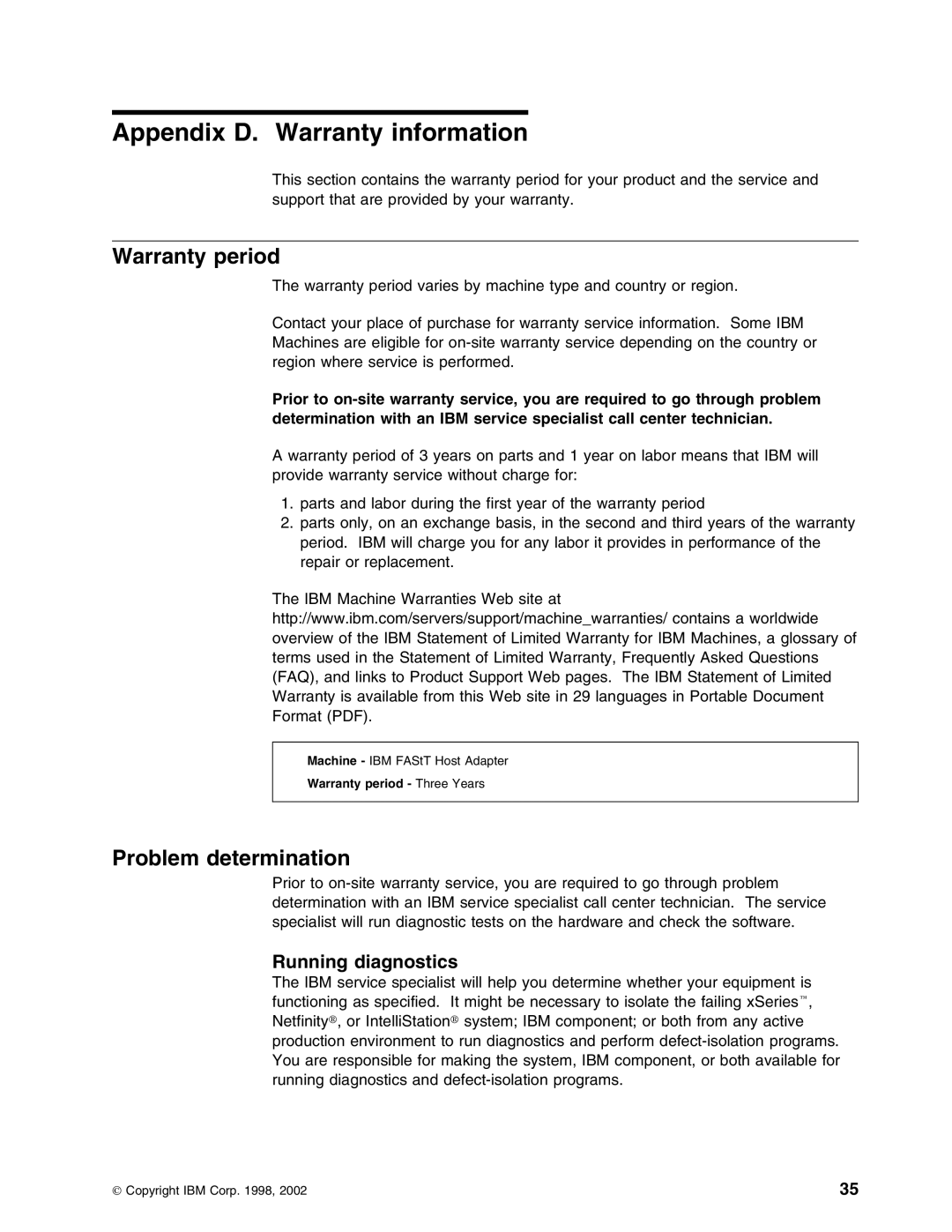 IBM 59P5712 manual Appendix D. Warranty information, Warranty period, Problem determination 