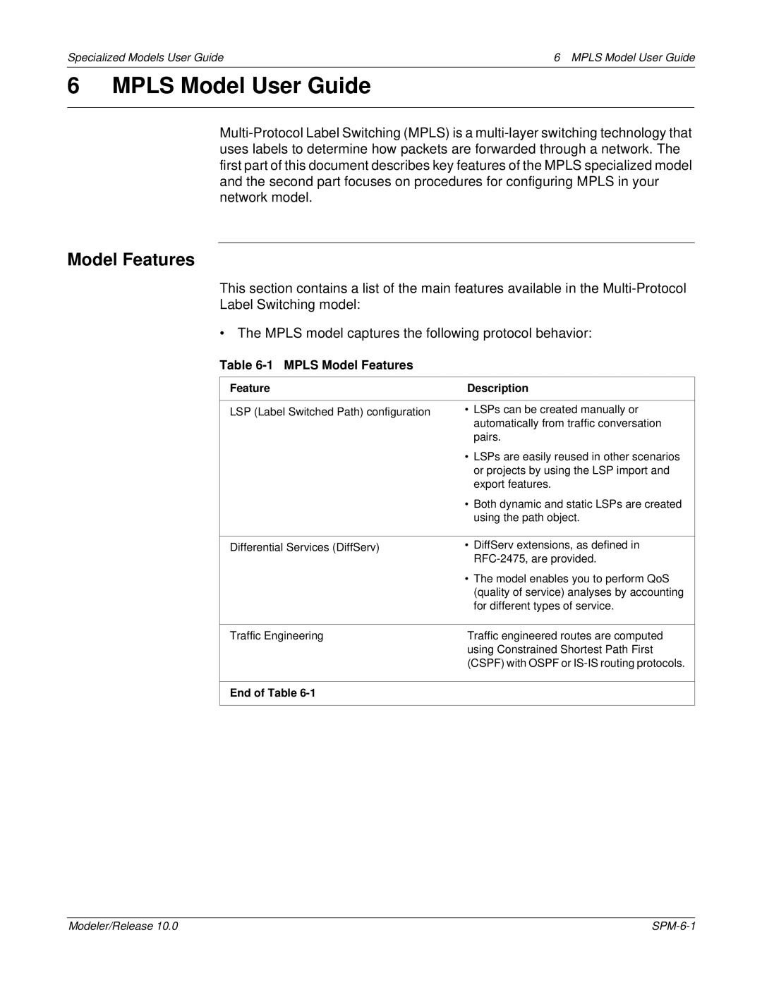 IBM 6 MPLS manual Mpls Model Features, Feature Description, End of Table 