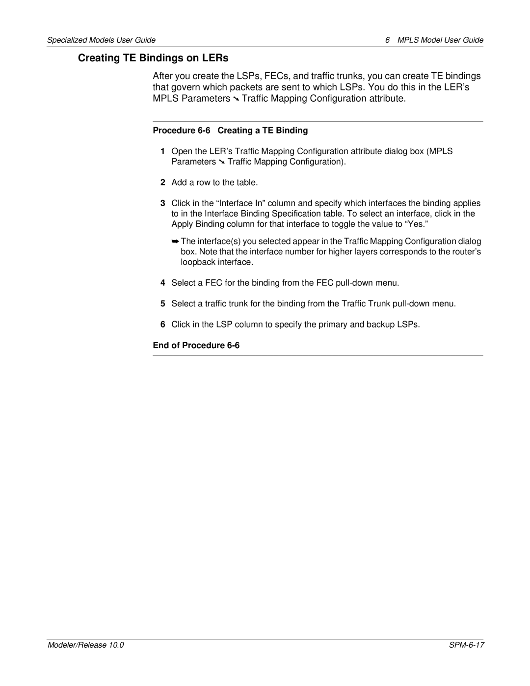 IBM 6 MPLS manual Creating TE Bindings on LERs, Procedure 6-6 Creating a TE Binding 