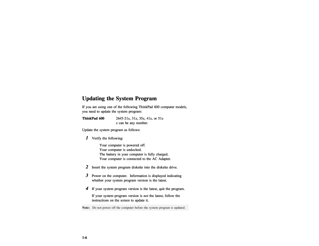 IBM manual Updating, System, ThinkPad 600 computer models, Program 