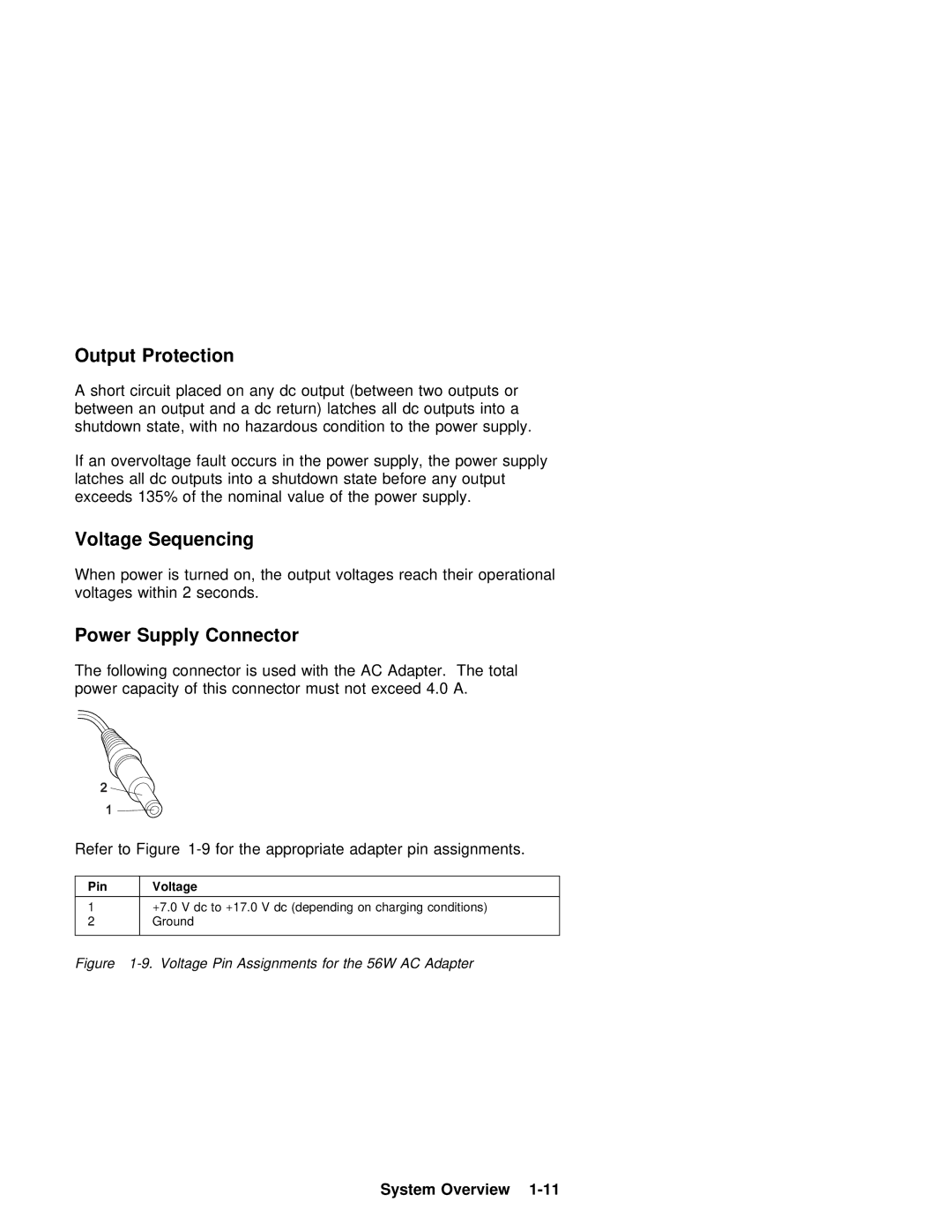 IBM 600 manual Output Protection, Voltage Sequencing, Power Supply Connector, Pin Voltage 