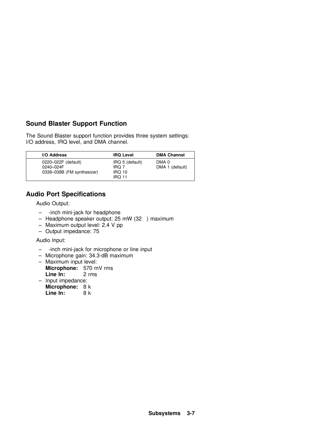 IBM 600 manual Audio Port Specifications, Line Subsystems 