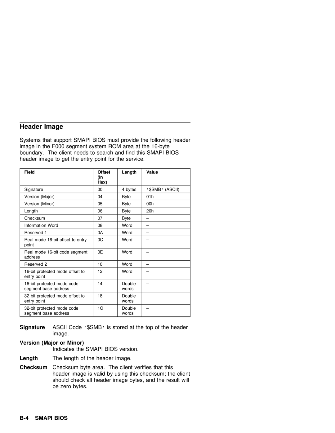 IBM 600 Systems That Support, Bios must provide the following header, Header image Get Entry point for Service, Version 