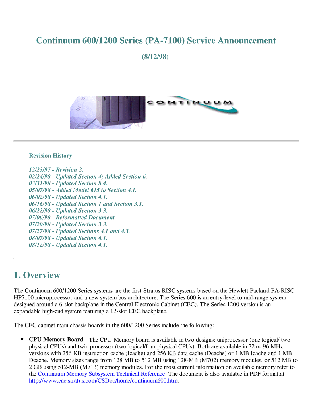 IBM manual Continuum 600/1200 Series PA-7100 Service Announcement, Overview, 12/98 