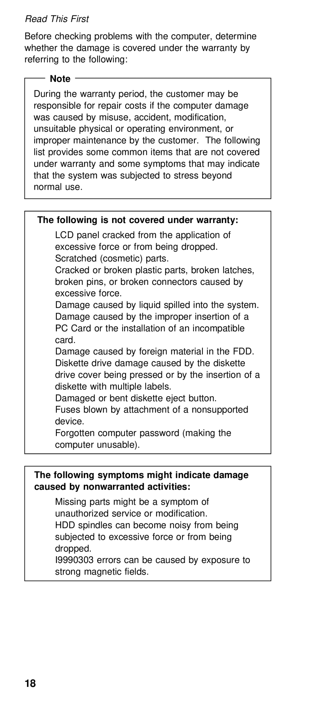 IBM 600/600E (2645) manual Following is not covered under warranty 