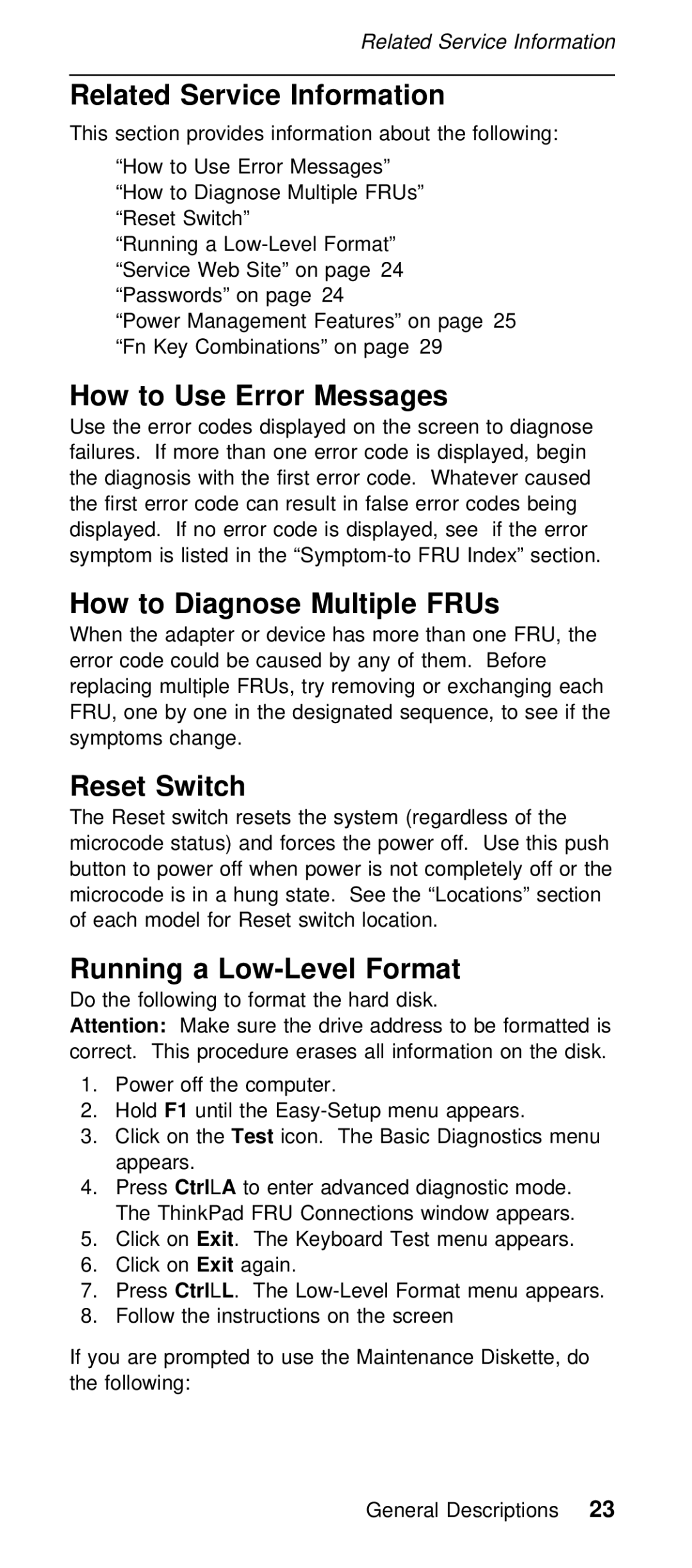 IBM 600/600E (2645) Related Service Information, How to Use Error Messages, How to Diagnose Multiple FRUs, Reset Switch 