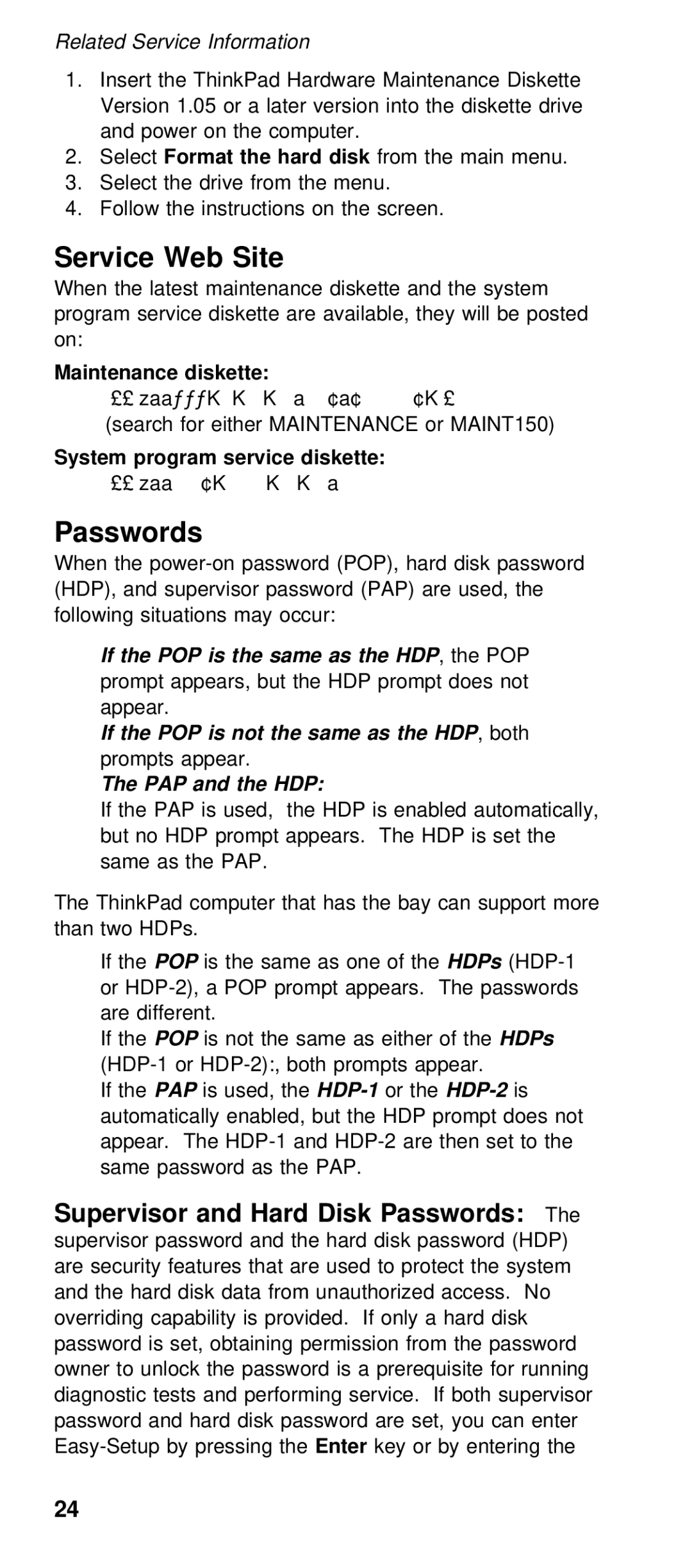 IBM 600/600E (2645) manual Service Web Site, Passwords, Maintenance diskette, System program service diskette 