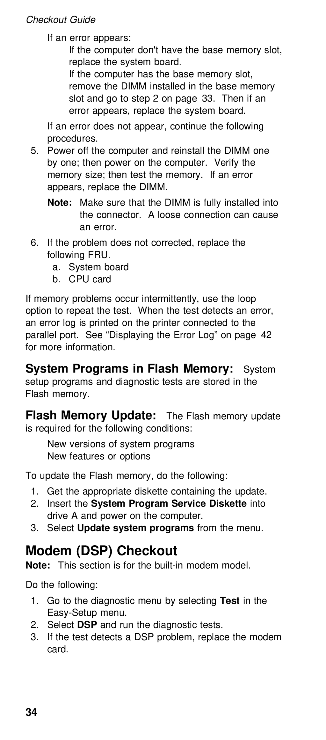 IBM 600/600E (2645) manual Modem DSP Checkout, Flash Memory, Diskette, Memory Update 