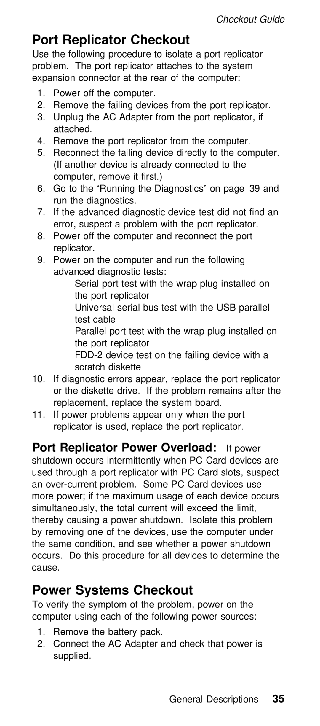 IBM 600/600E (2645) manual Port Replicator Checkout, Power Systems Checkout 