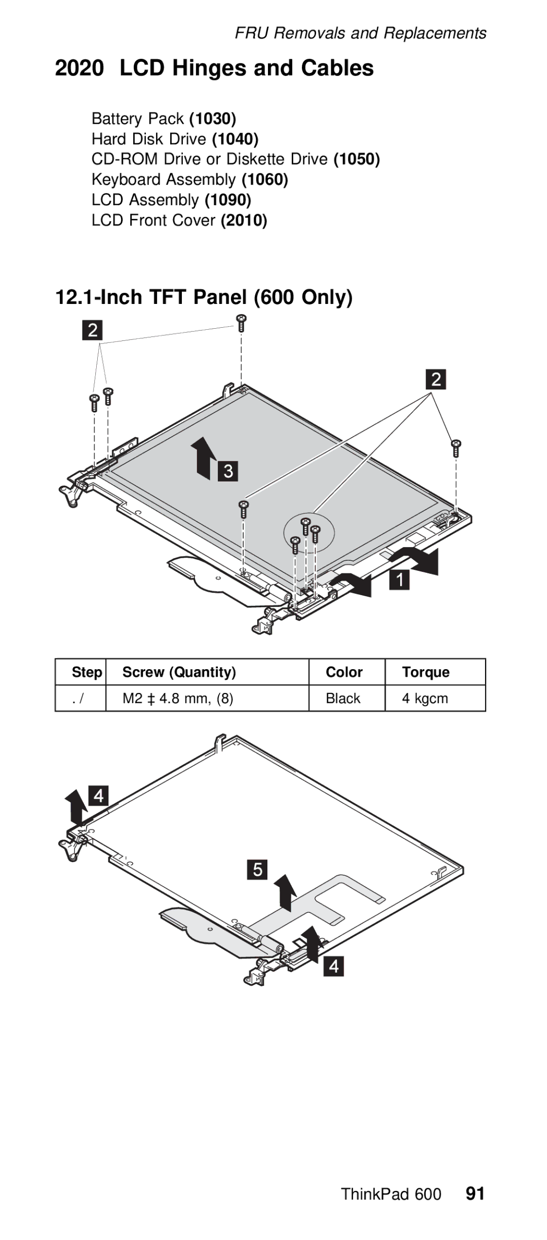 IBM 600/600E (2645) manual LCD Hinges and Cables, Inch TFT Panel 600 Only, Quantity Color Torque M2 × Black Kgcm 