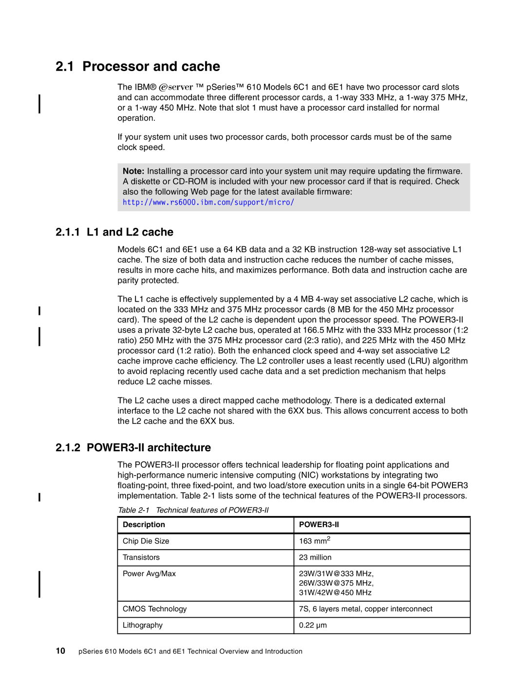 IBM 6.00E+01 manual Processor and cache, 1 L1 and L2 cache, POWER3-II architecture 