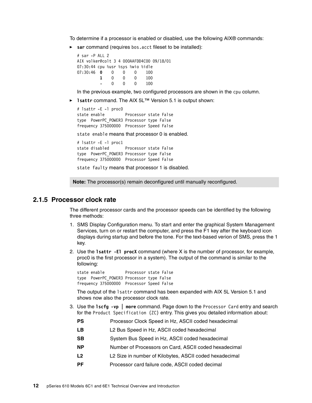 IBM 6.00E+01 manual Processor clock rate, State enable means that processor 0 is enabled 