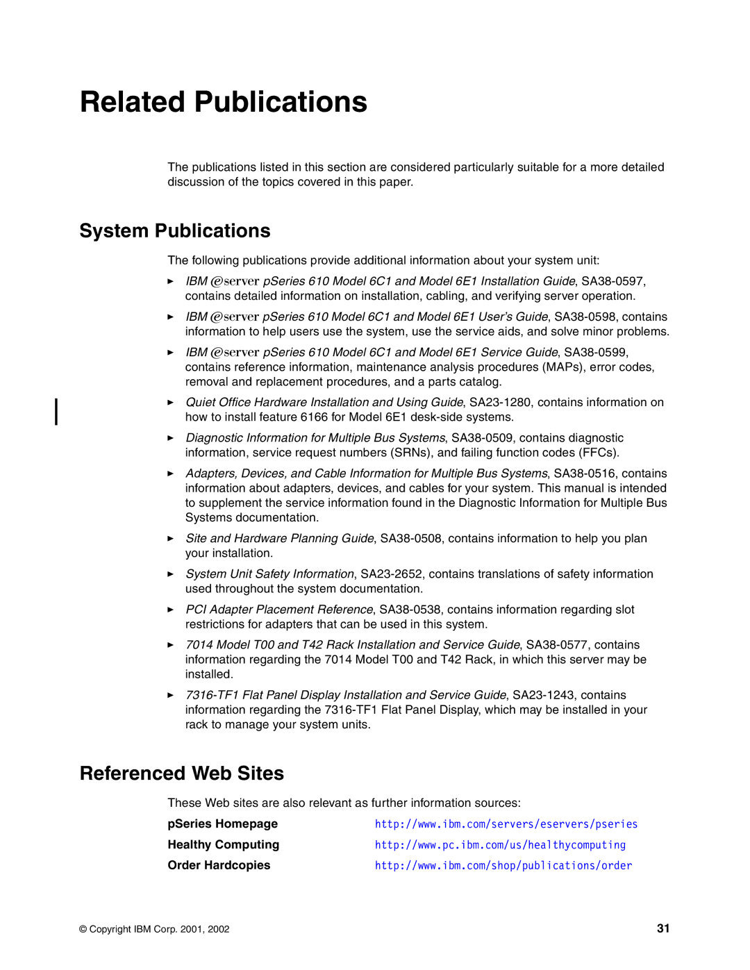 IBM 6.00E+01 manual System Publications, Referenced Web Sites 