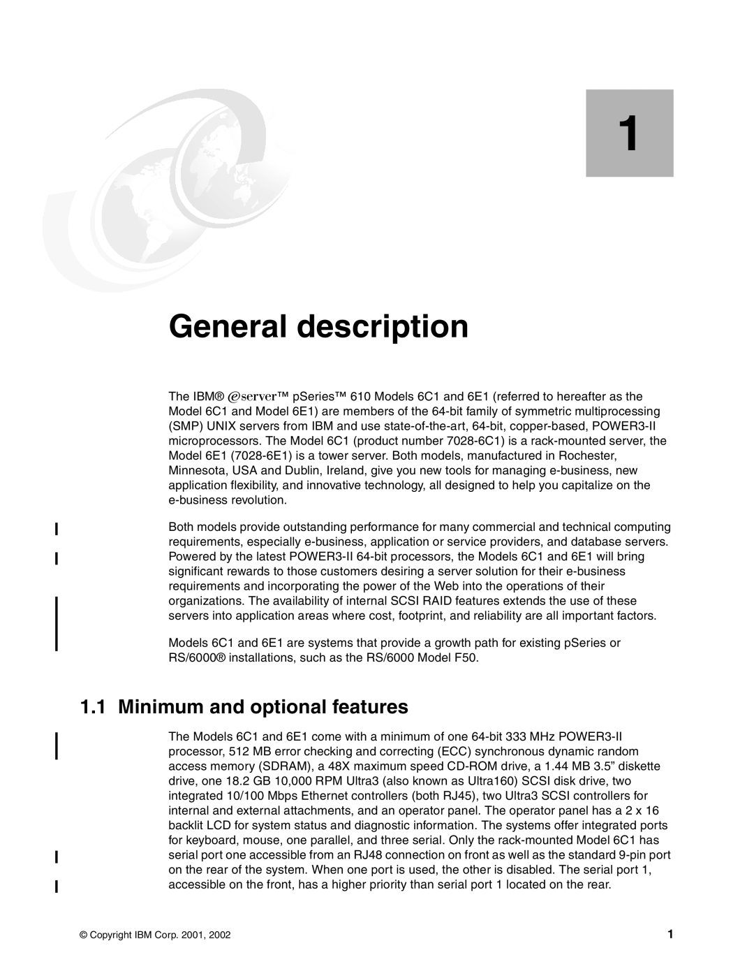 IBM 6.00E+01 manual General description, Minimum and optional features 