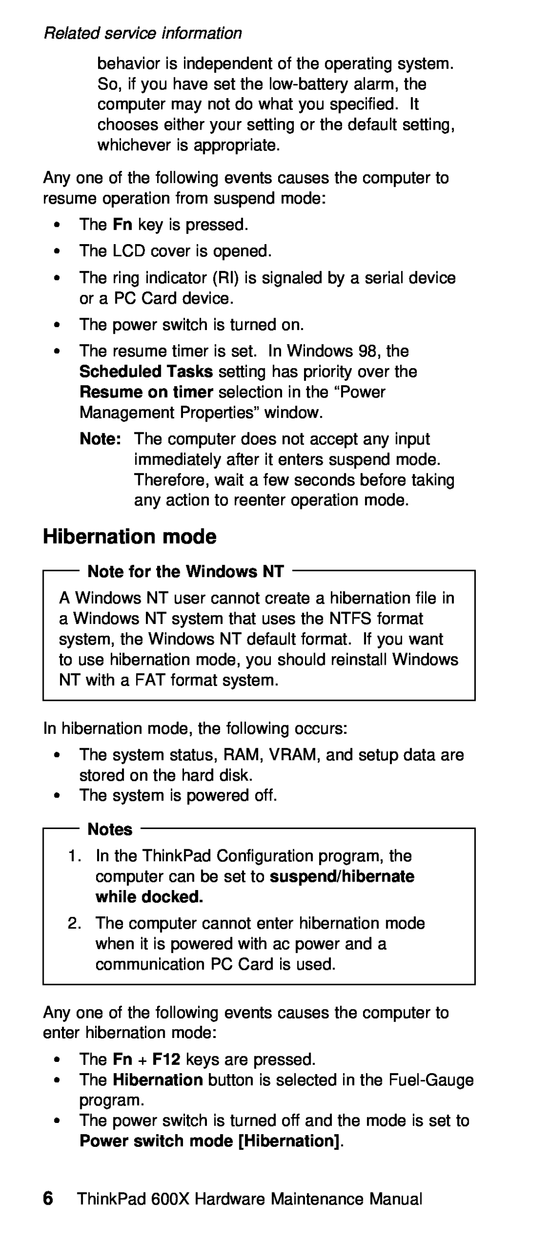 IBM 600X (MT 2646) manual Hibernation mode, while docked, switch 