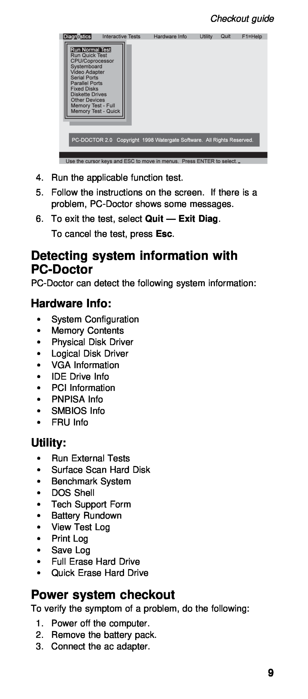 IBM 600X (MT 2646) manual Detecting system information with PC-Doctor, Power system checkout, Hardware Info, Utility 