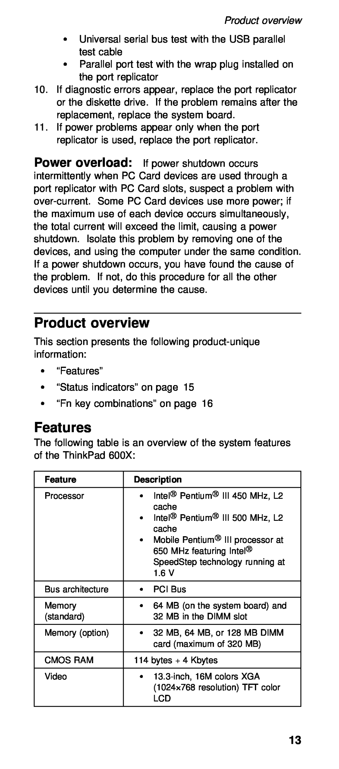 IBM 600X (MT 2646) manual Product overview, Features, Power overload 