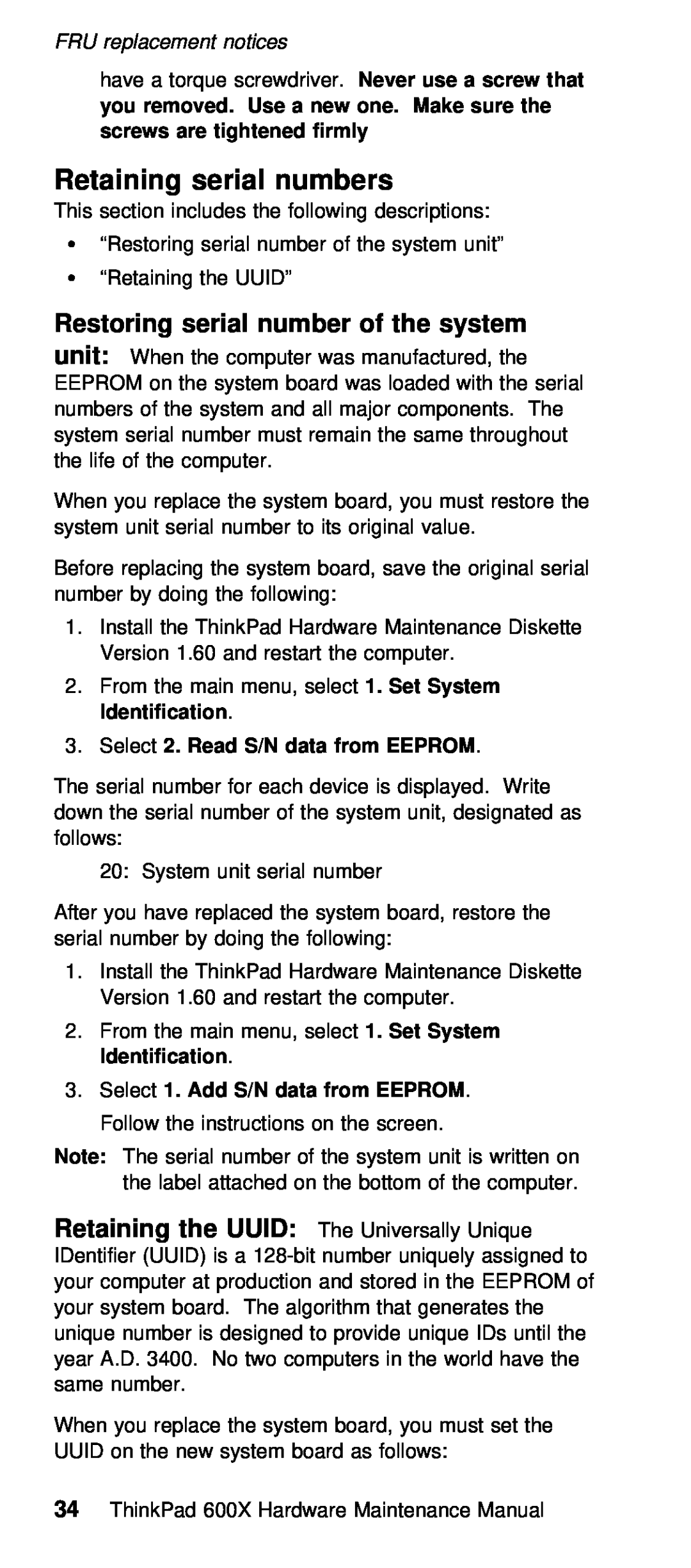 IBM 600X (MT 2646) manual Retaining serial numbers, Restoring serial number of the system, Uuid 