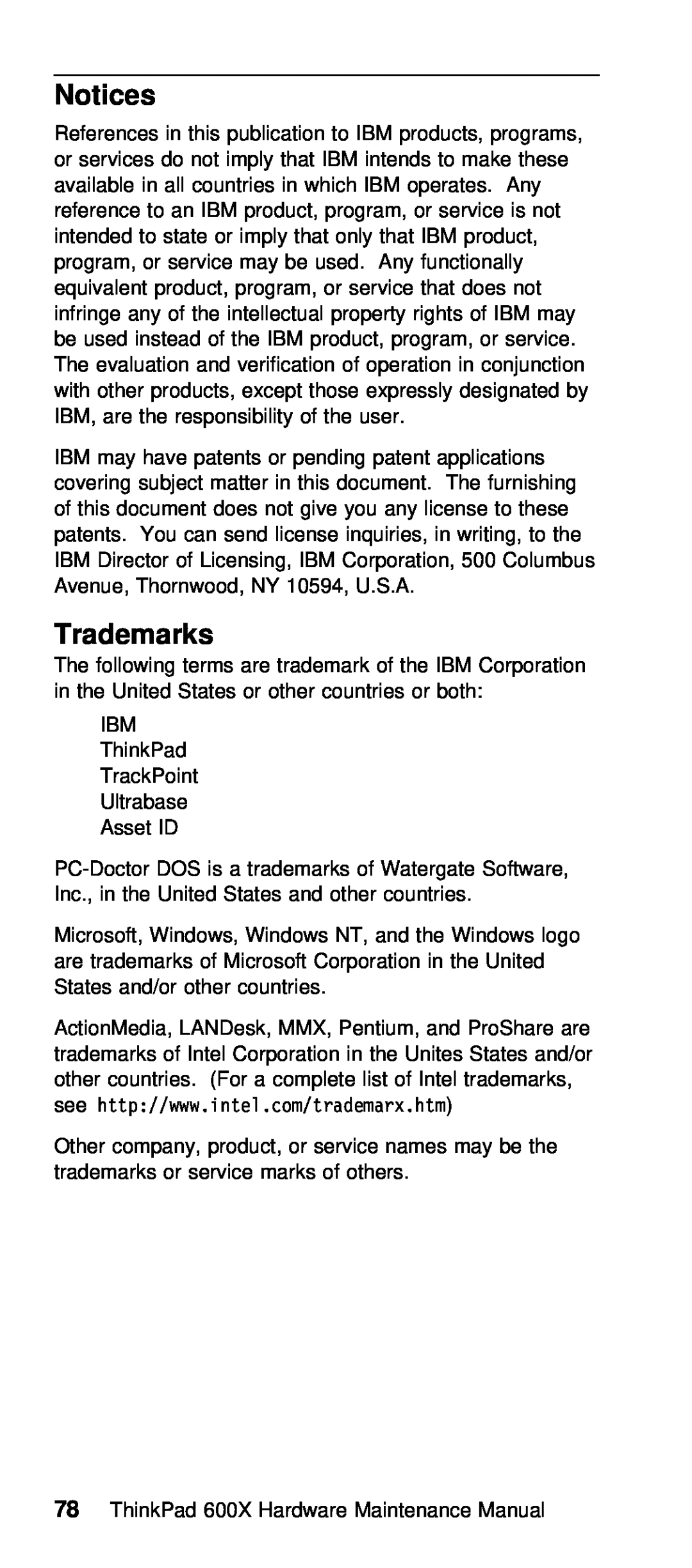 IBM 600X (MT 2646) manual Notices, Trademarks 