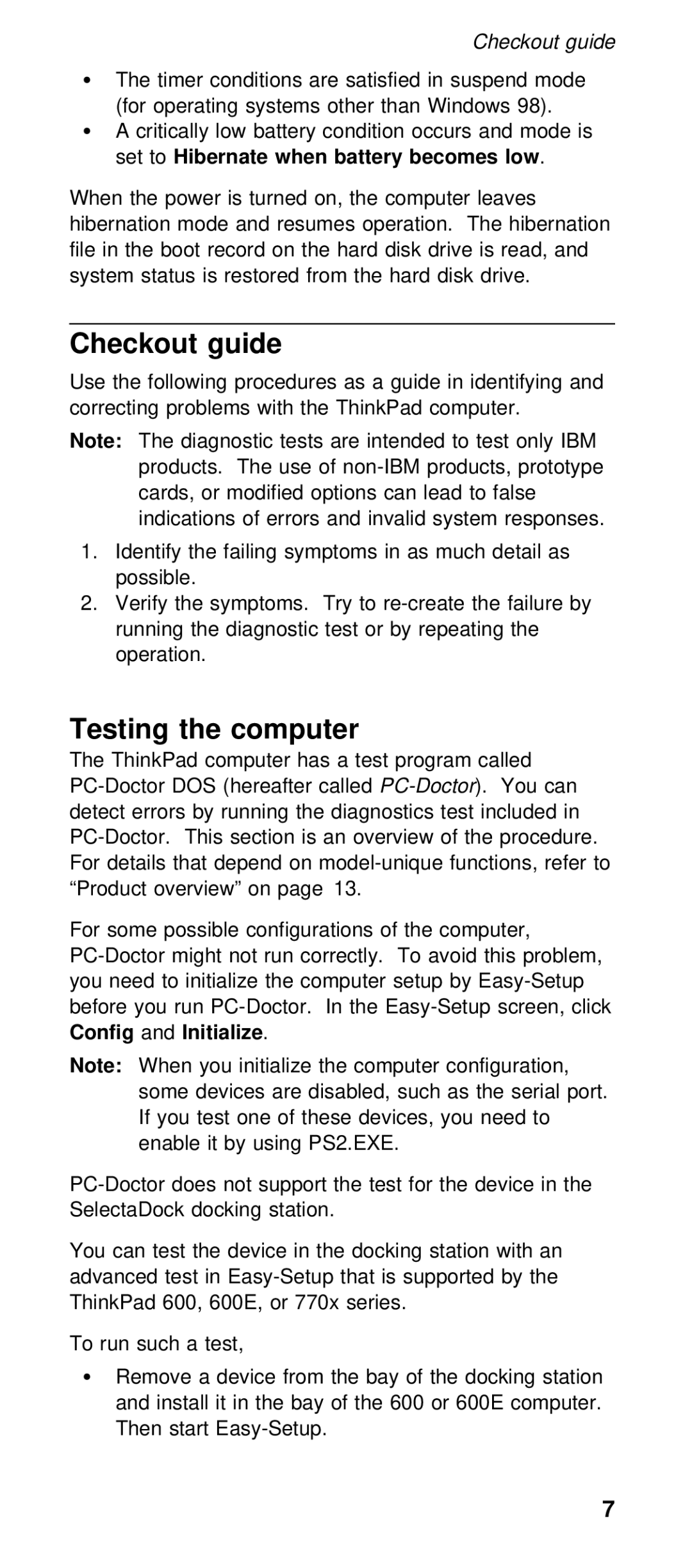 IBM 600X (MT 2646) Checkout guide, Testing the computer, Config and Initialize, Set Hibernate to When battery becomes low 