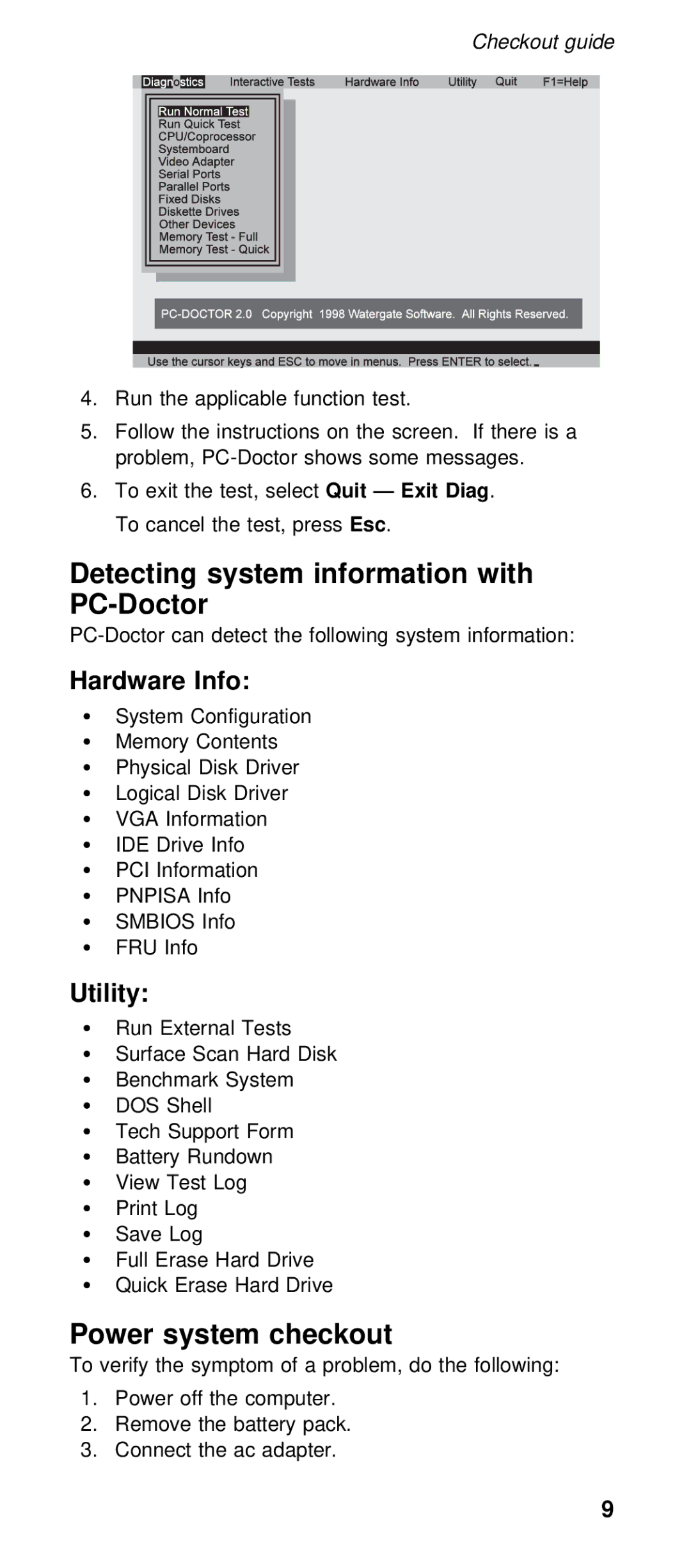 IBM 600X (MT 2646) manual Detecting system information with PC-Doctor, Power system checkout, Hardware Info, Utility 